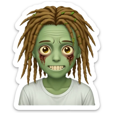 zombie teen with brown dreads covering forehead white tee golden eyes light green skin  and white smile sticker