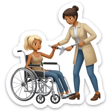 Mujer con cuchillo en la mano, empujando un enfermo en silla de ruedas sticker