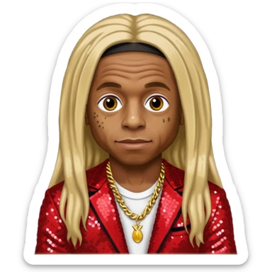 Lil Wayne with long dark blonde hair, red sequin outfit sticker