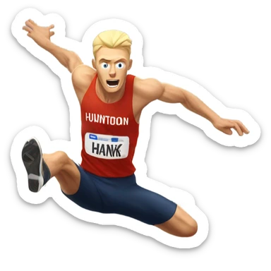 Blonde tall skinny man jumping hurdles in a Huntingdon Hawk track uniform sticker