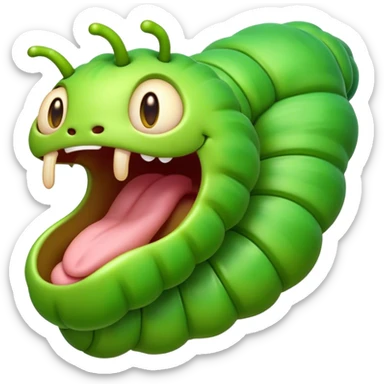 Cinematic Realistic Cute Yawning Caterpillar Portrait Emoji, Head tilted slightly with a dramatic, wide-open yawn, showcasing a soft, downy segmented body in vivid green with subtle drooping and half-closed, drowsy eyes, rendered with intricate natural texture and gentle shadows, high shine, relaxed yet expressive, styled with a dash of woodland charm, soft glowing outline, capturing the essence of a sleepy yet affectionate caterpillar that appears ready to stretch out and rest among the leaves! sticker