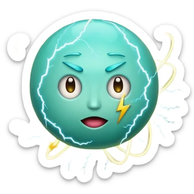 Uranus planet emoji with a quirky face, blue-green hues, dynamic rings, electric sparks and lightning, embodying chaos and sudden change, Apple-style emoji sticker