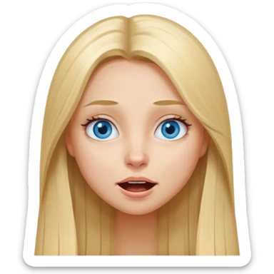 A girl that has long blond hair, straight. Blue eyes. And she does like a silly face  sticker