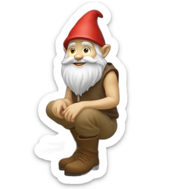 side view perspective of gnome with light tan pants and light tan boots squatting on top of small brown log sticker