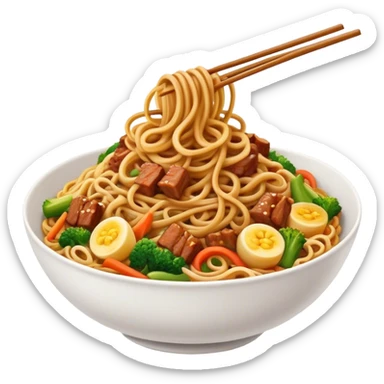 Cinematic Realistic Mie Goreng Dish Emoji, featuring stir‚Äêfried noodles with vegetables and meat rendered with dynamic textures and warm, appetizing lighting. sticker