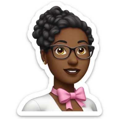 Black curvy woman with curl hir and a white  halter top, clear glasses, pink bow sticker