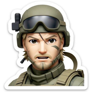 Cinematic Realistic Metal Gear Solid Snake Soldier Portrait, head tilted dramatically with an exaggeratedly amused expression, blending stealthy seriousness with a touch of unexpected humor. His rugged features, set against intricately detailed tactical gear in muted earth tones, are rendered with lifelike texture and dynamic lighting, high shine, dramatic yet whimsical, capturing the essence of a soldier whose epic covert skills are matched by a playful, irreverent spark. sticker