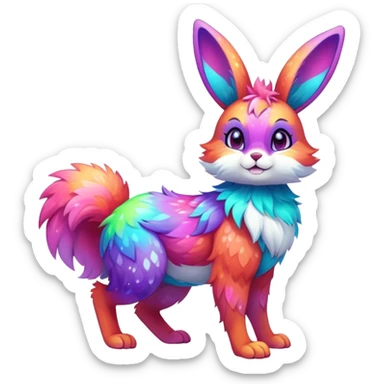 Vibrant multicolored neon-colored Falvie-Fionbri-creature-sparkle-bunny-hybrid-fursona, full body, fur pattern-markings sticker