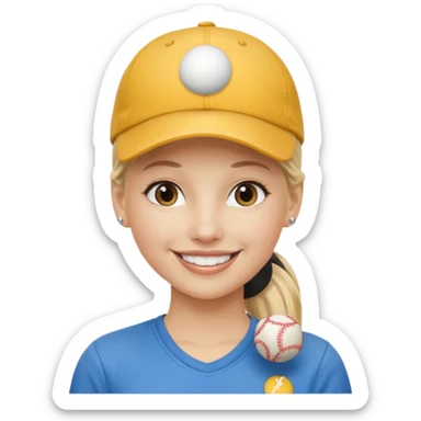 blond woman, pony tail, ball cap sticker