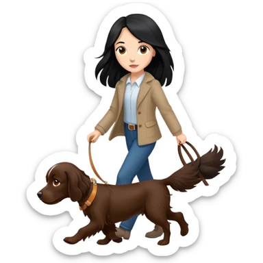 A girl with long black hair walks a brown springer spaniel sticker