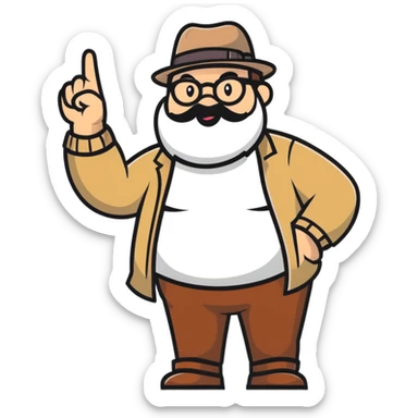 Fat bearded nerd wearing fedora hat pointing up to the sky with finger sticker