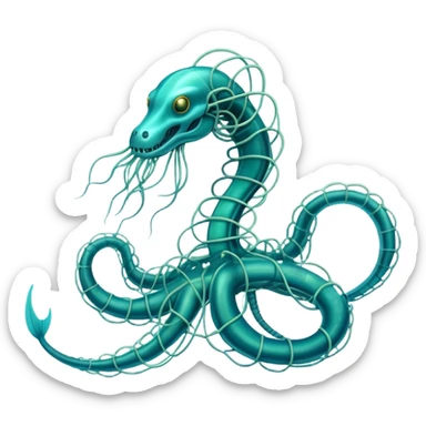 A phosphorescent deep-sea serpent made of electric wires and cables with rubber scales that reveal its electric skeleton, possessing both jellyfish-like tendrils and the ability to generate electrical pulses that illuminate the ocean depths. sticker