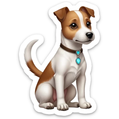 cinematic-[jack Russel terrier]-realistic-full-body-sitting-emoji,-tail-resting-loosely-beside-its-paws,-head-tilted-dramatically, -sleek-[brown and white]-fur,-simplified-yet-realistic-focused-features,-highly-detailed,-glowing-with-an-almost-sarcastic-glow sticker