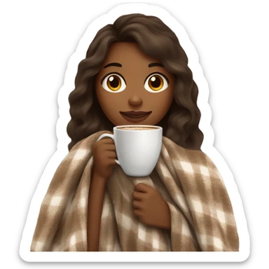 Brown skin Brown hair Girl drinking coffee, with a cozy blanket sticker