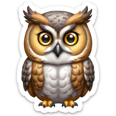 Cinematic Cute Great Horned Owl Portrait Emoji, Head tilted playfully and inquisitively, featuring a lush mottled Fur with intricate patterns of gray and white, round, sparkling golden eyes filled with curious wonder, Simplified yet irresistibly adorable features, highly detailed, glowing with a warm, friendly glow, high shine, affectionate and wise, stylized with a touch of nocturnal whimsy, bright and endearing, soft glowing outline, capturing the essence of a mischievous yet loving owl, so playful it feels like it could glide out of the screen and perch in your arms! sticker