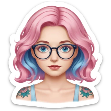  Hyper Realistic model, pale woman, pink wavy balayage hair, blue eyes and glasses, shoulder tattoo  sticker