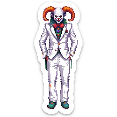 full-body demonic clown in a white leisure suit with bellbottom pants, bald, with black ram horns sticker