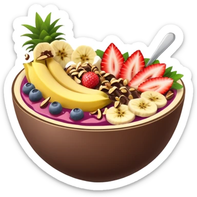 acai bowl with banana slices, strawberries, Nutella drizzle, pineapple chunks, and granola, vibrant and appetizing sticker