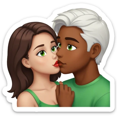 a girl with brown hair, brown eyes and plump lips kisses a boy with white hair and green eyes sticker