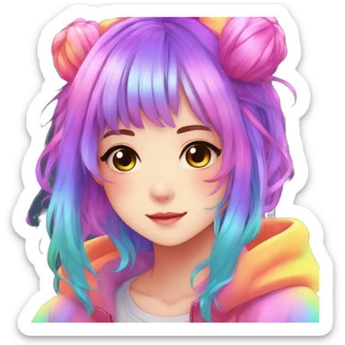 Gorgeous anime style shojo character with blushing face aesthetic and pretty colorful shiny gradient neon rainbow hair with hair garment trending style sticker