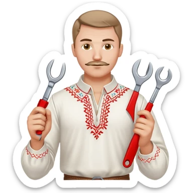 A Ukrainian man wearing traditional white embroidered vyshyvanka shirt holding red scissors in one hand and a spanner/wrench in the other hand sticker