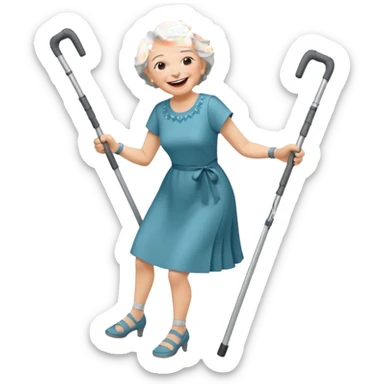 elderly woman with pants, short grey hair, laughing and dancing th crutches sticker