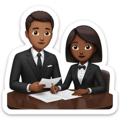 man in formal suit talking to woman in formal suit, they sit, papers in hands on the table sticker