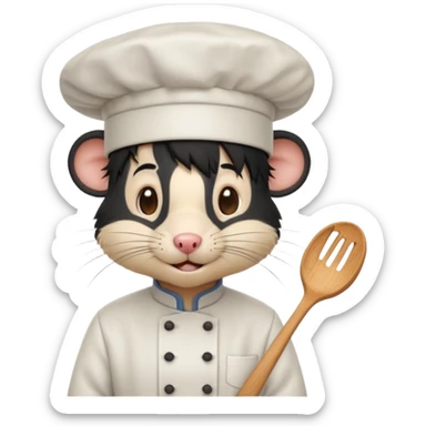 A rat with a fringe, long black hair and chefs hat sticker