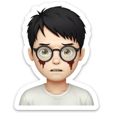 zombie boy with messy black hair, round glasses, white shirt sticker