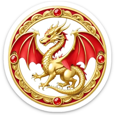Golden Dragon with wings crest/brosch in a circle with red gems sticker