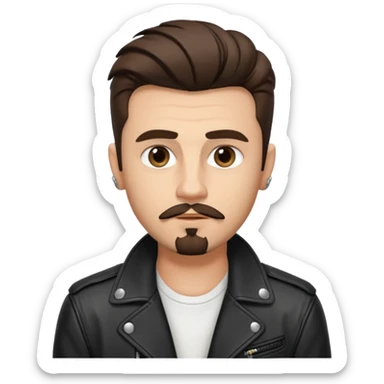 generate emoji style guy with slick James dean hair with front tendrils, mustache and goatee facial hair, wearing a white shirt and a black leather jacket , several silver piercings in ear, with dark brown hair and make eyes more almond shaped inspired by the image I shared sticker