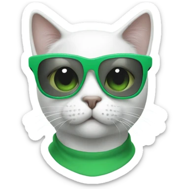 white with grey spot Cat with green sunglasses sticker