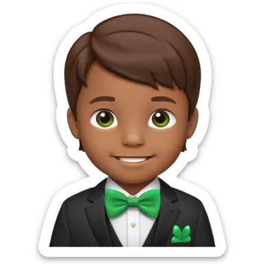 baby, boy, brown hair in suit, with green bow, smile sticker