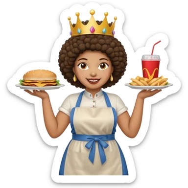 Mujer curvy afro, con vestimenta cómoda y delantal,con una corona sobre su cabeza y sonrisa contagiosa. Entre brazos comida rapida sticker