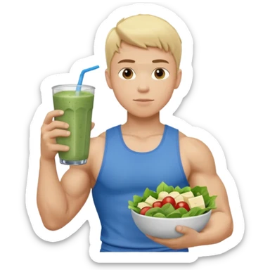 A young male person with a muscular, well-defined build. He has short blonde hair, a light skin tone, and a neutral facial expression. He wears blue cloth. He is holding a salad in one hand and a protein shake in the other. sticker