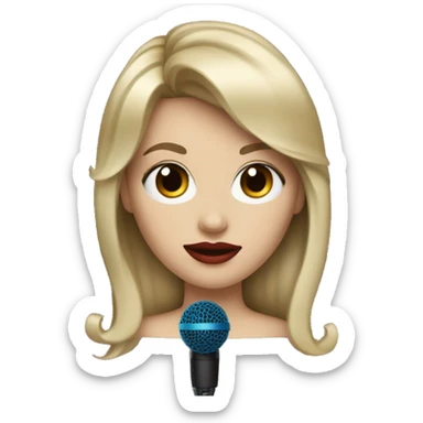 A white woman with dirty blonde hair and bangs with blue eyes and red lipstick with a microphone  sticker