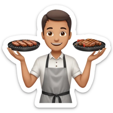A cheerful man in an apron flipping meat on a sizzling grill with smoke puffing upward. sticker