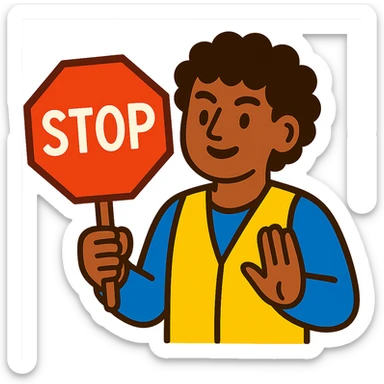 brunette person with curly hair holding a stop sign, vibrant toon style sticker