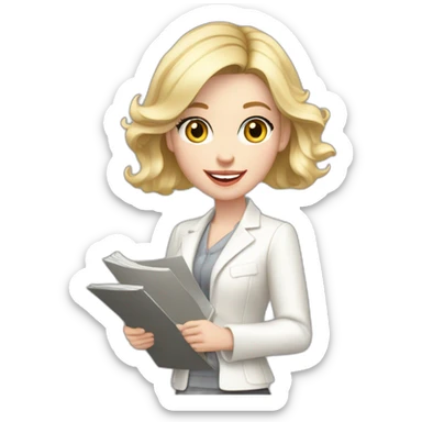 pale skin woman interior designer with cold blonde middle length hair, gray eyes, White classical jacket, blouse, Gray skirt holding a color palette in the hands sticker