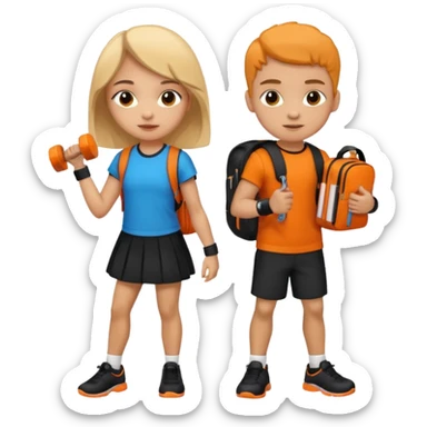 light skin students girl and boy with school bag full of books on back and dumbell in hand. Clothes are in black and orange colours  sticker