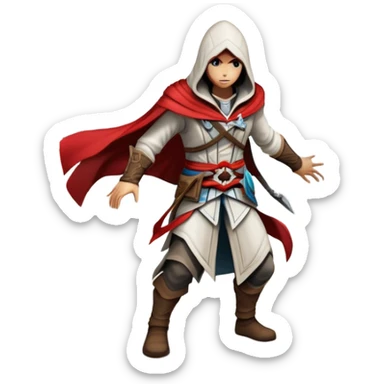 An icon representing an adventure game, inspired by Assassin's Creed. The design features a heroic character in hooded attire, scaling a tall building in a historical cityscape. The background shows ancient architecture and hidden symbols, symbolizing exploration and stealth. Transparent background  sticker