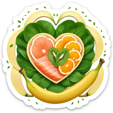 Banana, spinach leaves, salmon, kiwi, pistachios, and orange juice floating in a circle around a glowing heart that pulses with steady rhythm. Waves of electrical energy connect the foods to the heart, muscles, and nerve pathways, showing how potassium regulates fluid balance and electrical signals. sticker