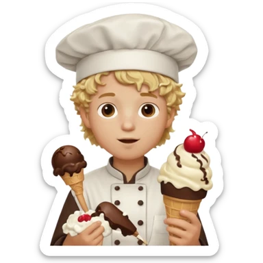 boy blonde curly hair, chef, eating big chocolate ice cream sticker