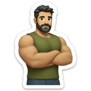 muscular man with dark hair. Little salt and pepper beard. Making a muscle with his left arm. In a olive green shirt sticker