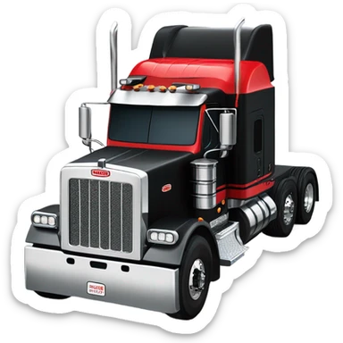 Peterbilt 379 black with red frame with flat top and slash cut exhaust stacks and dual rear tires and flat bumper sticker