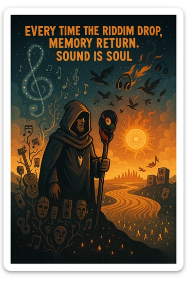 Create a mythical, animated-style poster set in a timeless world where sound is sacred. At the center, a hooded guardian of rhythm stands on a hill, overlooking a vast land shaped like a giant soundwave.

He holds a staff made of melted vinyl records, glowing with faint reggae colours — red, gold, and green. Around his neck is a lion’s fang pendant, and behind him, a swirling constellation shaped like a treble clef lights the sky.

From the earth, roots twist upward into musical notes, connecting instruments, speakers, and ancestral masks half-buried in the soil.

A flock of birds made from broken headphones and fire rises from the horizon — flying toward a glowing sun that pulses like a subwoofer.

Below, scattered across the valley, are tiny glowing embers — each one representing a soul still dancing, still alive.

In the sky, faint words form from the clouds:
“Every time the riddim drop, memory return. Sound is soul.”

The artwork should feel ancient, futuristic, and sacredly street — part graffiti, part prophecy, part roots revival. sticker