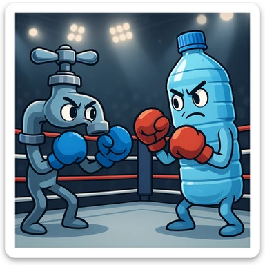 boxing match between tap water (tap with face and gloves) and plastic bottle (bottle with face and gloves), central ring, sporty atmosphere, modern and clear style sticker