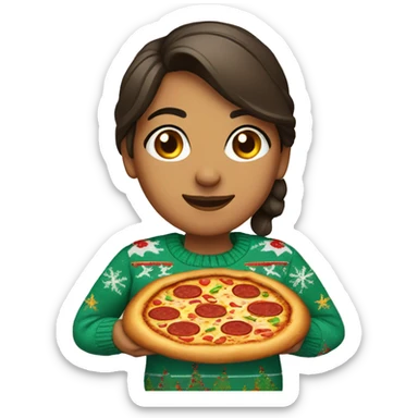Latina wearing an ugly Christmas sweater and holding a pizza sticker