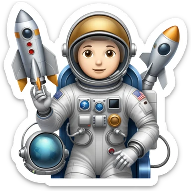 An icon featuring a rocket, a satellite, and an astronaut helmet, symbolizing aerospace technology. The design includes a spaceship, control panels, and orbiting satellites, representing space exploration and aircraft engineering. Transparent background highlights the innovation in aeronautic sticker