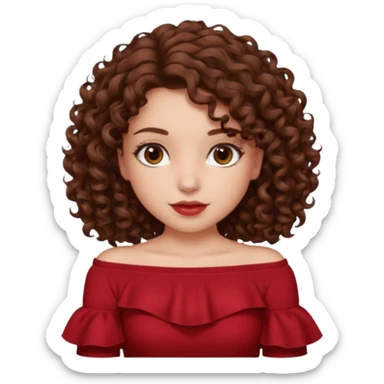 Brown hair curly hair shoulder length brown eyes white skin girl wearing a off shoulder dark red top sticker
